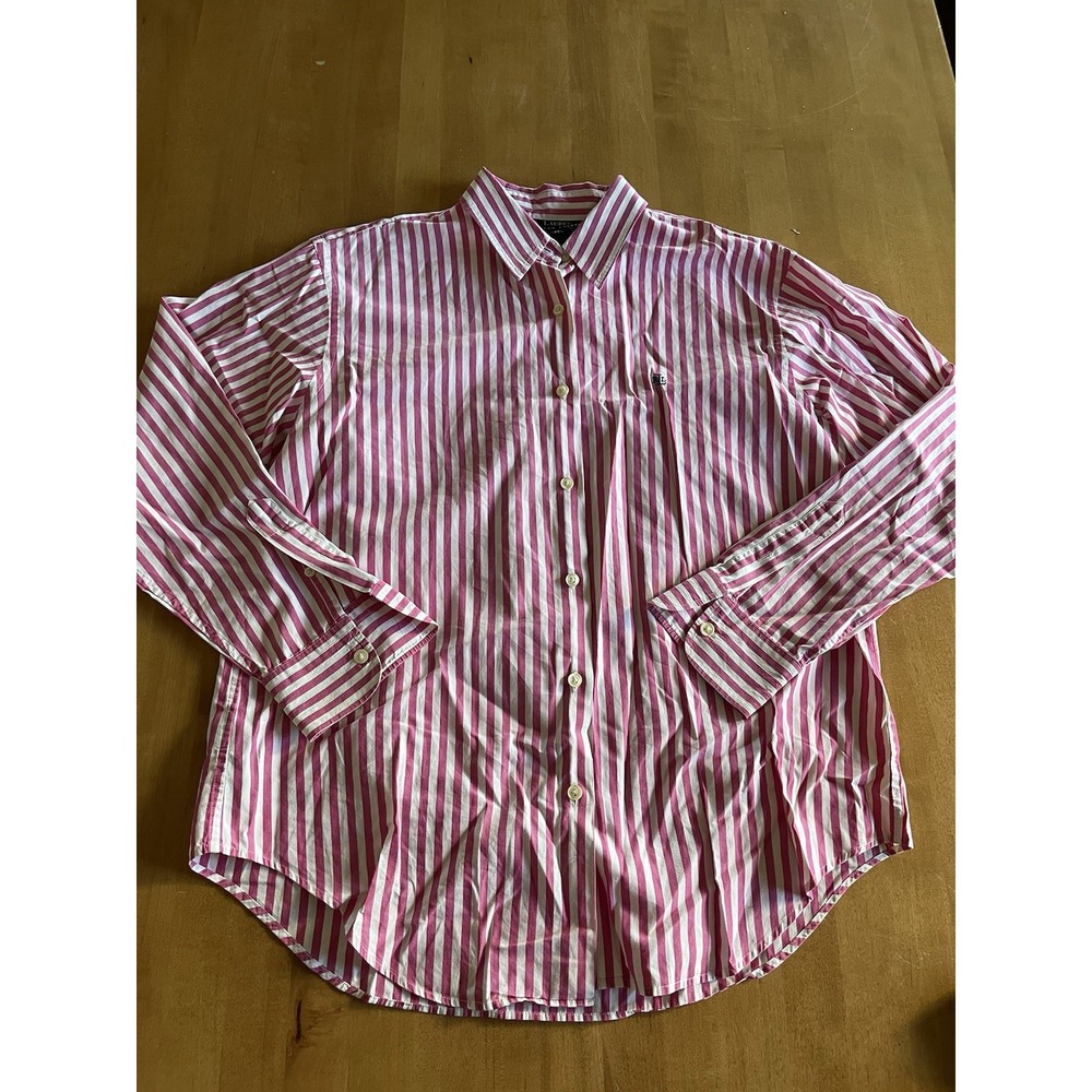 Lauren Ralph Lauren Pink White Stripe Button Front Shirt Womens 14 Cotton